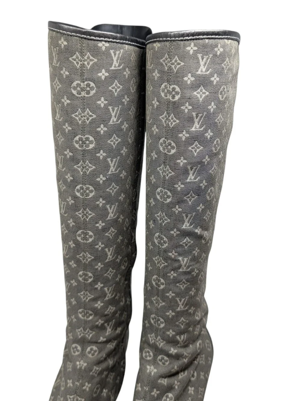 Louis Vuitton Mini Lin Denim Silver LV Monogram Knee High Boots Size EU 36.5